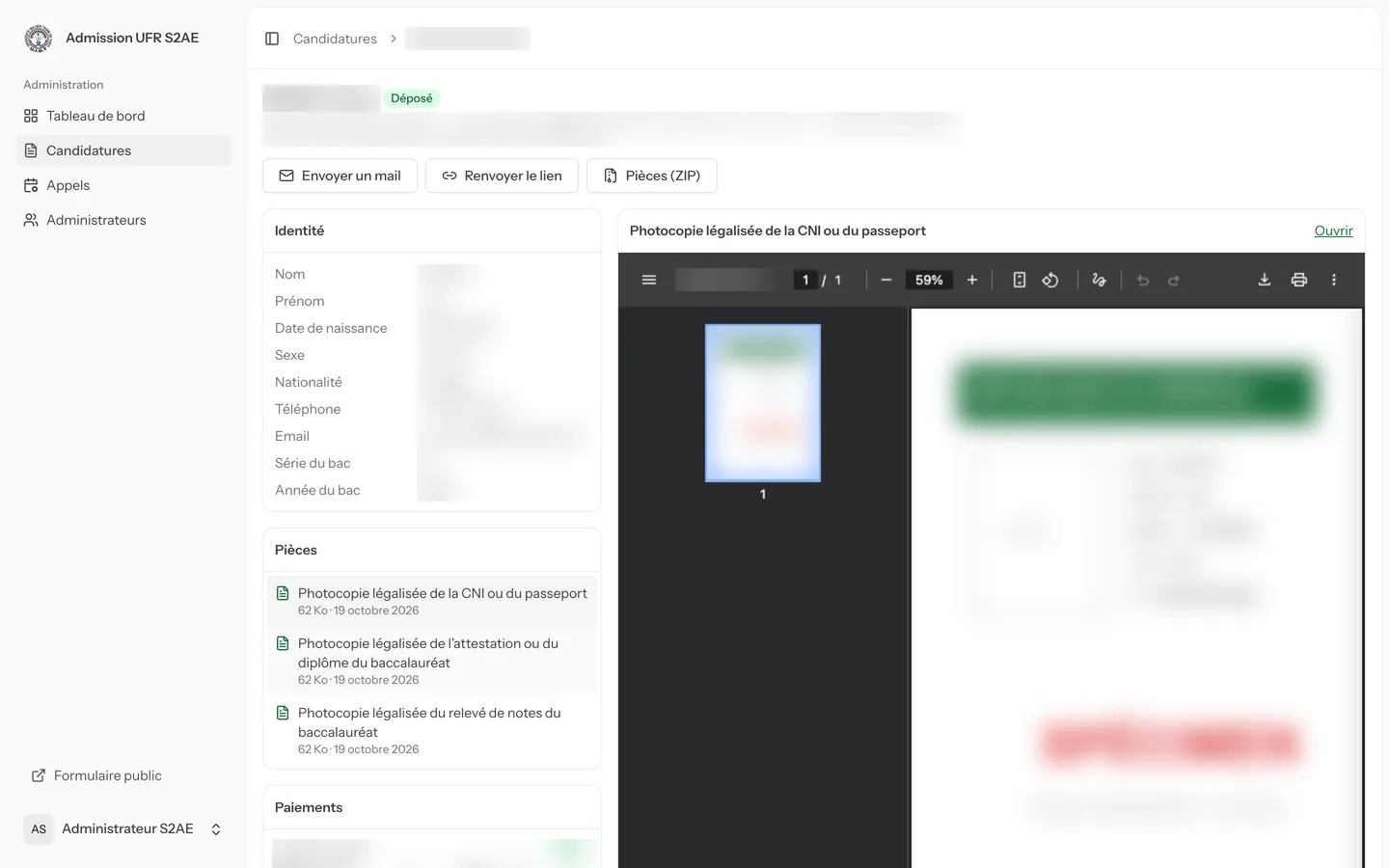 Back office: application file with identity, documents and payments