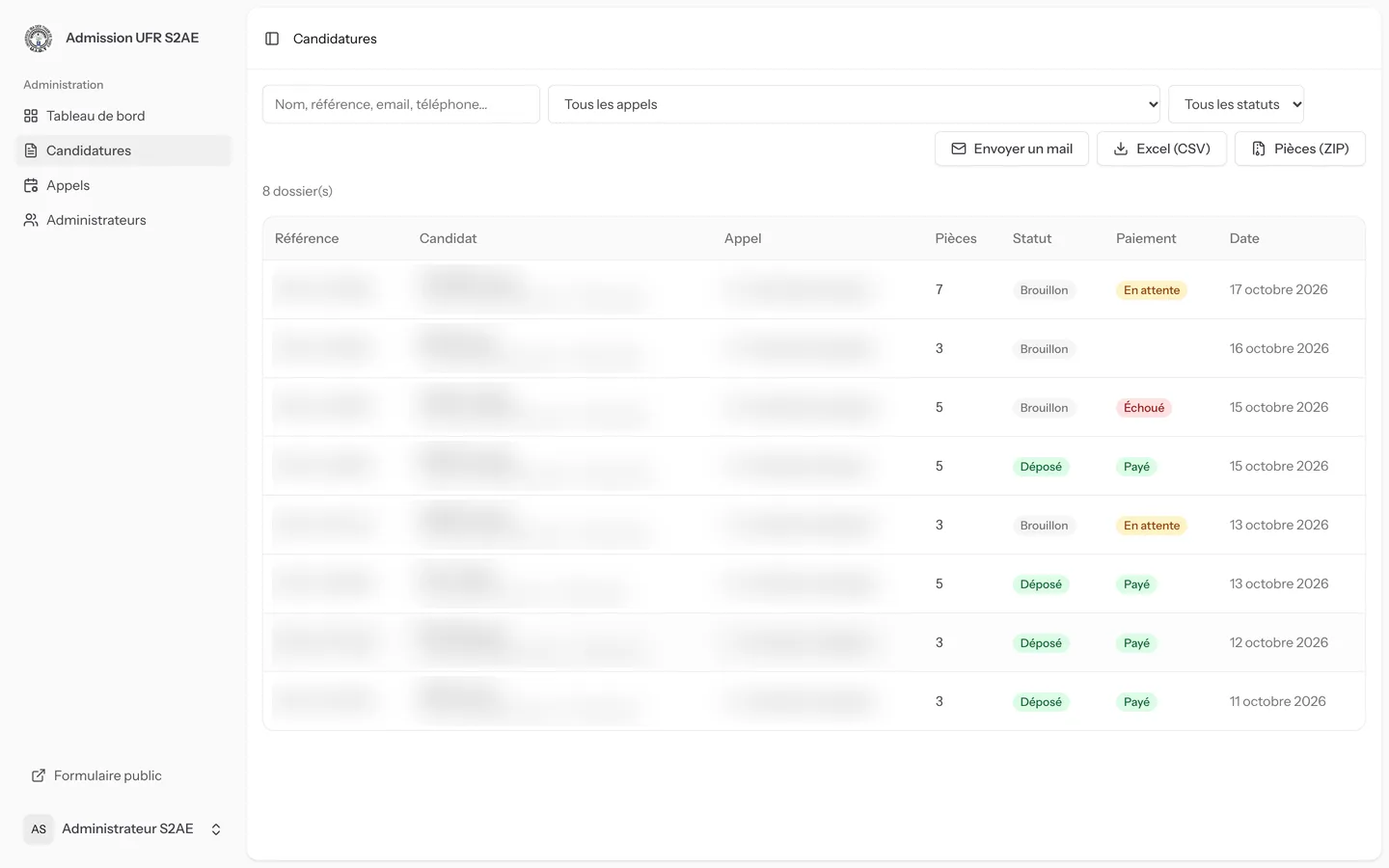 Back office: application list with filters, CSV and ZIP export
