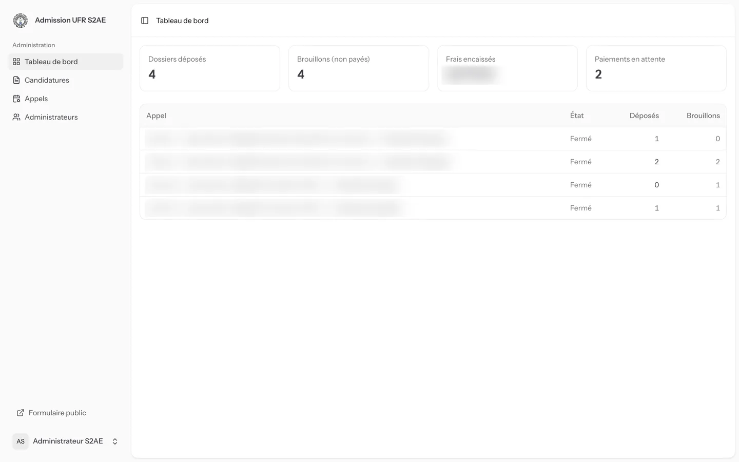Back office dashboard: submitted files, drafts, fees collected