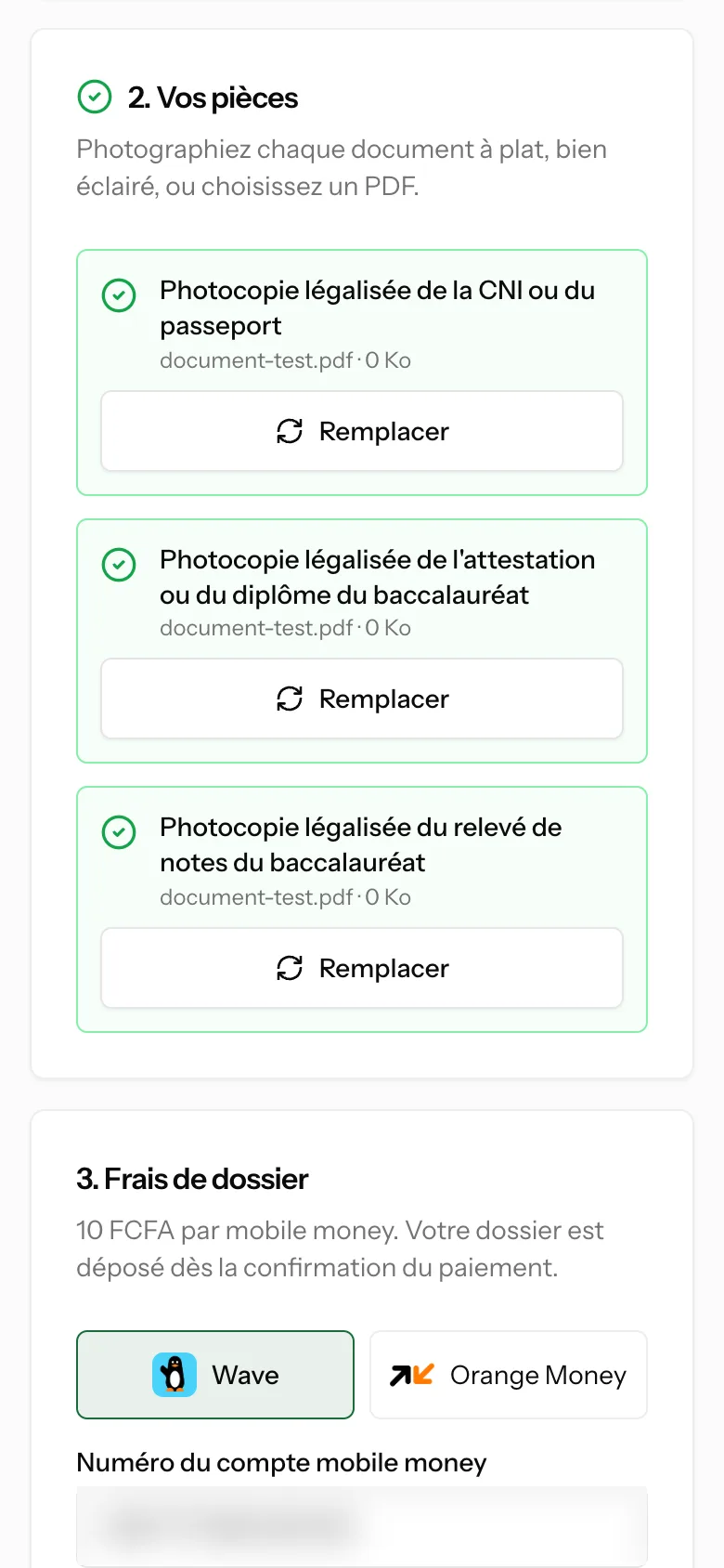 Uploading the required documents (mobile)