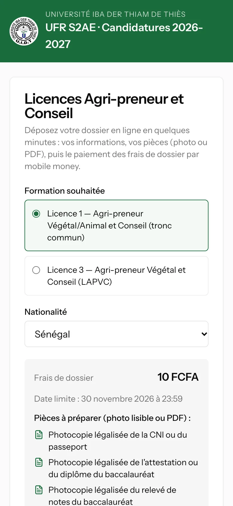 Choosing the program and nationality (mobile)