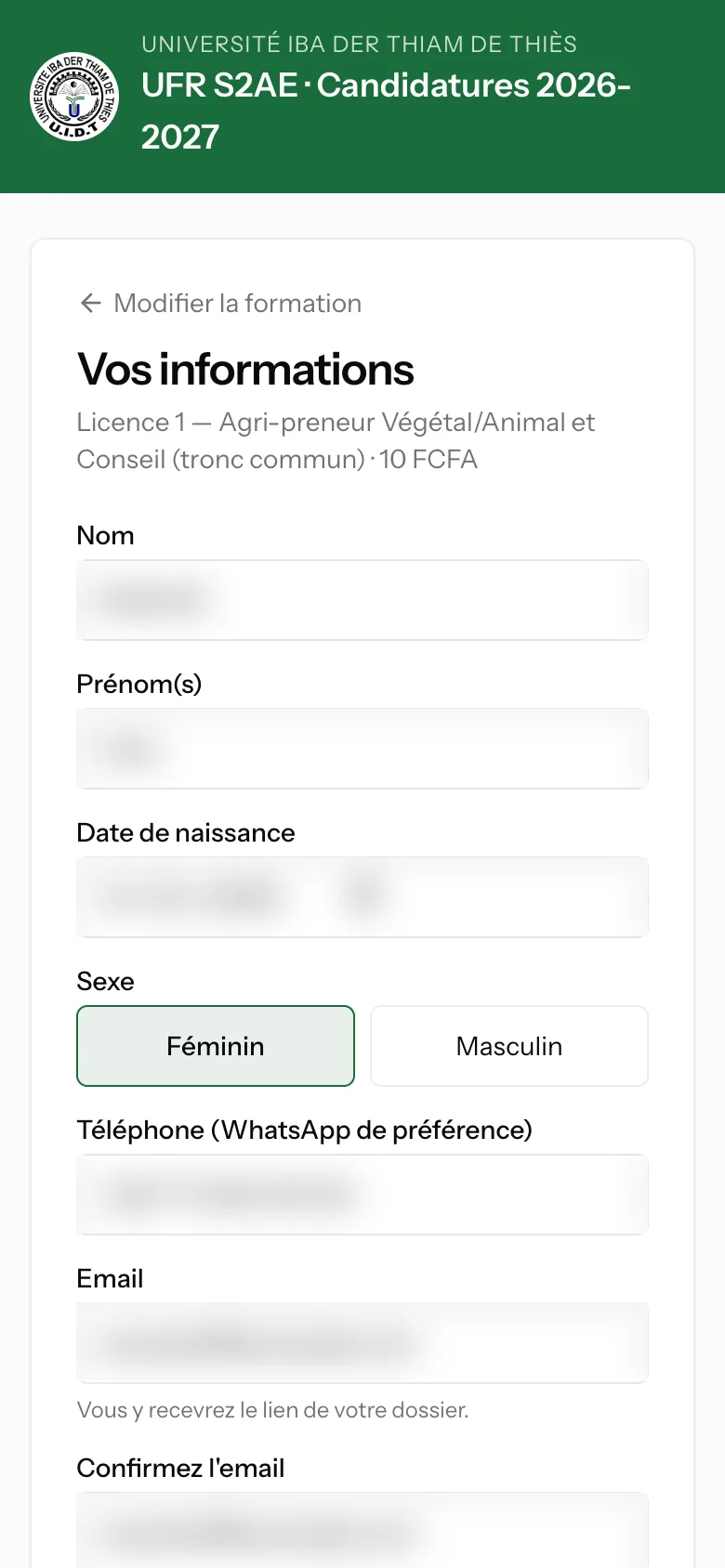 Applicant information form (mobile)