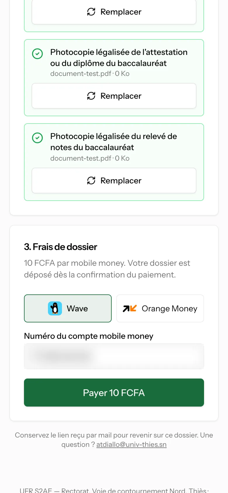 Paying the application fee with Wave or Orange Money (mobile)
