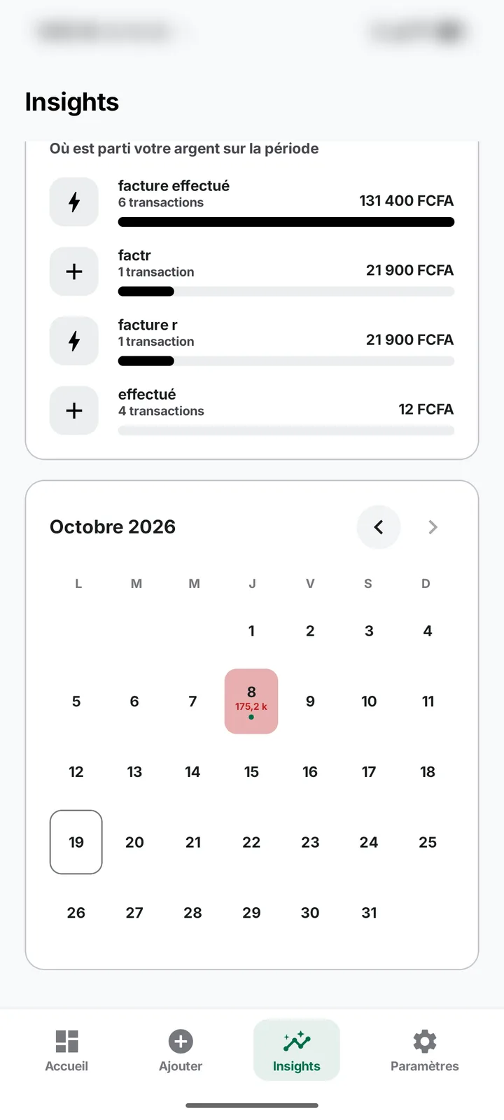 Insights: monthly spending calendar