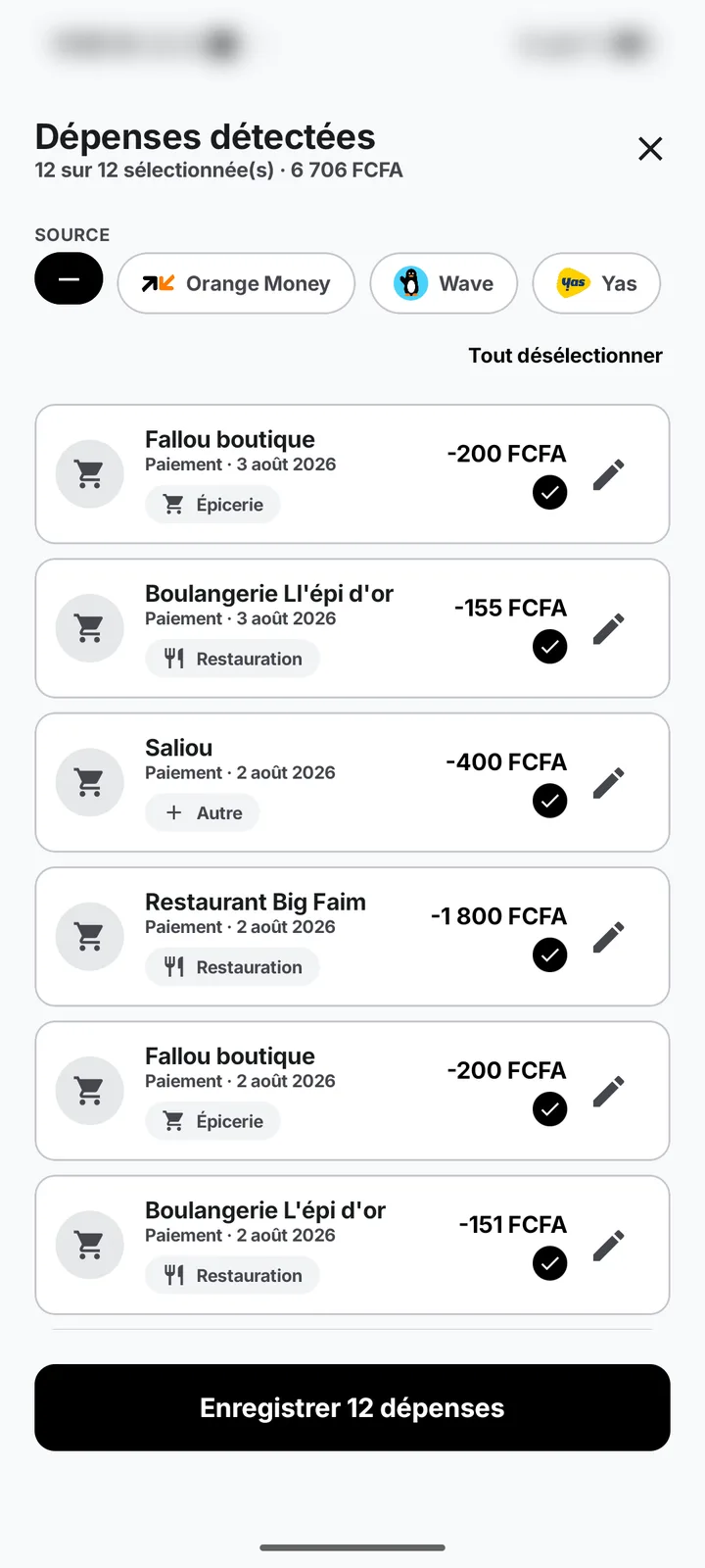 Receipts detected by on-device OCR, ready for review